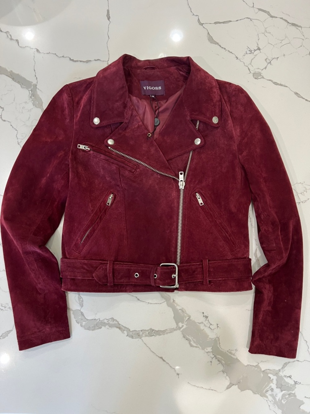 Vigoss Burgundy Suede Leather Moto Jacket Women’s Size M - Picture 2 of 8